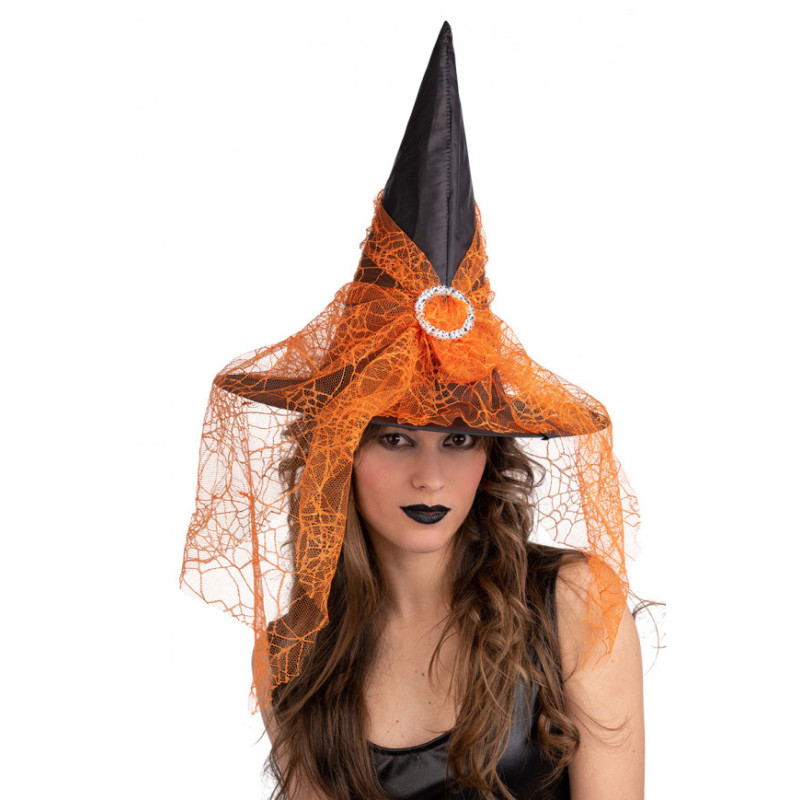 Čarodějnický klobouk s oranžovým závojem